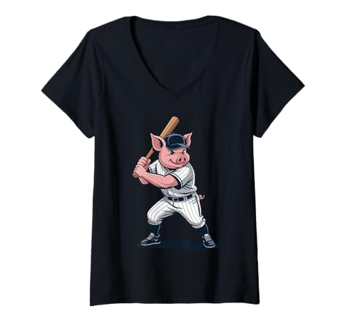 Damen Lustiges Schwein spielt Baseball Kunstwerk Vintage Tier Baseballer T-Shirt mit V-Ausschnitt Damen Lustiges Schwein spielt Baseball Kunstwerk Vintage Tier Baseballer T-Shirt mit V-Ausschnitt von Pig Animal Baseball Lovers Graphic
