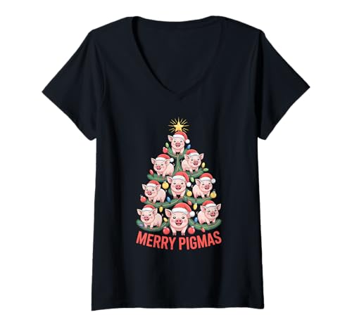Damen Schwein Weihnachtsbaum T-Shirt mit V-Ausschnitt von Pig Christmas Tree Pajama