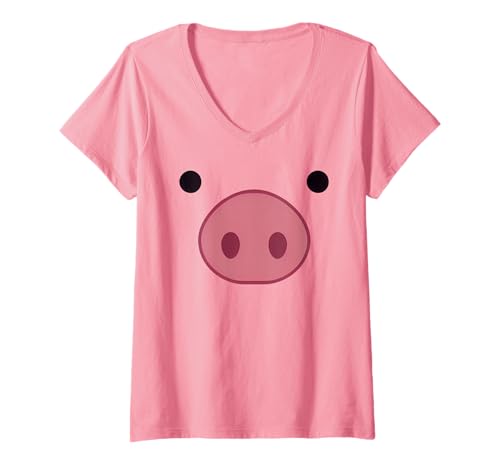 Damen Schweinegesicht Erwachsene Kinder Männer Frauen Schweinegesicht Kostüm T-Shirt mit V-Ausschnitt von Pig Costume Halloween