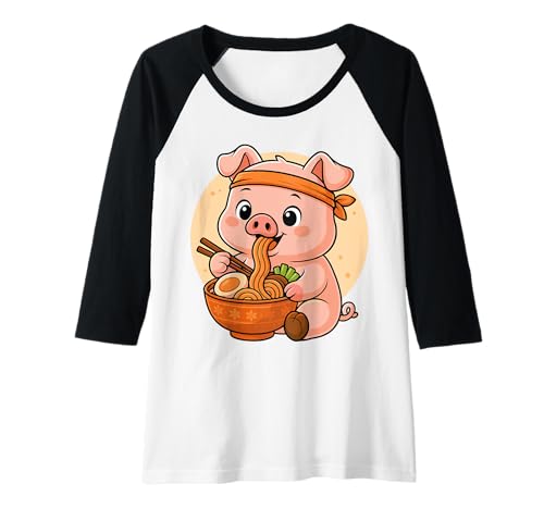 Damen Kawaii Pig Eating Ramen Grafik Japanisches Schwein Grafik Raglan von Pig Eating Ramen Funny Japanese Kawaii Design