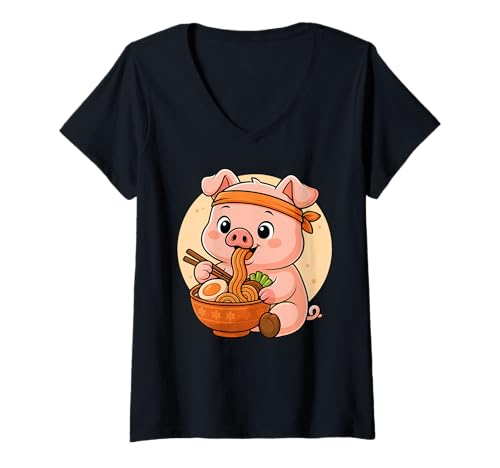 Damen Kawaii Pig Eating Ramen Grafik Japanisches Schwein Grafik T-Shirt mit V-Ausschnitt von Pig Eating Ramen Funny Japanese Kawaii Design