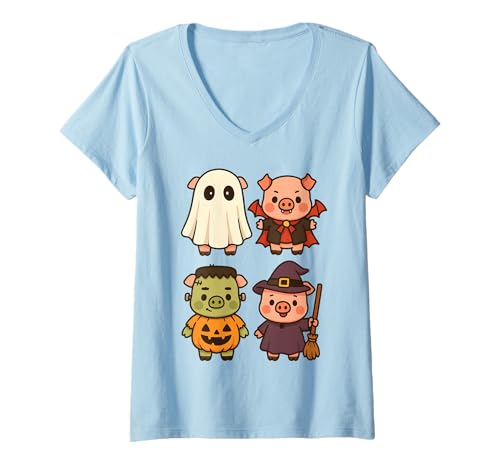 Damen Schwein gruselige Hexe Boo Zombie süßes Schwein Halloween Geist Kostüm T-Shirt mit V-Ausschnitt von Pig Farm Halloween Costume Clothing