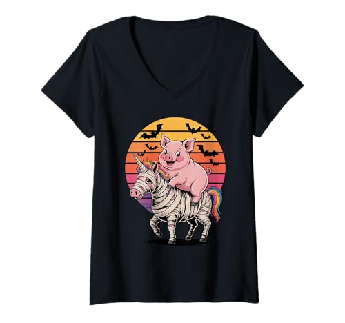 Damen Halloween Mumie Einhorn Schwein T-Shirt mit V-Ausschnitt von Pig Farmer Pigs Lover Gifts