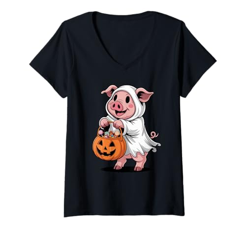 Damen Halloween Schwein Geist Kürbis Süßes Oder Saures Süßigkeiten T-Shirt mit V-Ausschnitt von Pig Farmer Pigs Lover Gifts