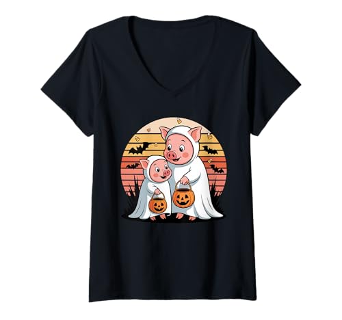 Damen Halloween Schwein Geist Schweine T-Shirt mit V-Ausschnitt von Pig Farmer Pigs Lover Gifts