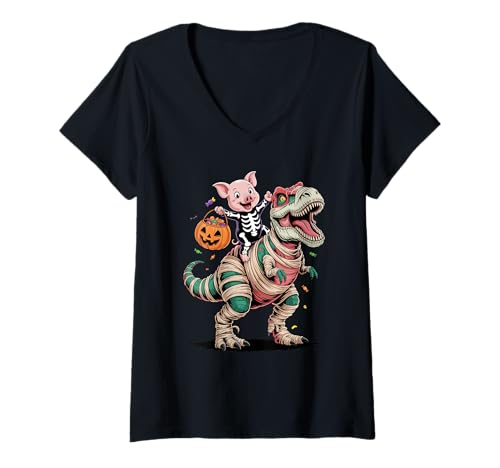 Damen Halloween T-Rex Dinosaurier Schwein Mumie Tyrannosaurus Rex T-Shirt mit V-Ausschnitt von Pig Farmer Pigs Lover Gifts