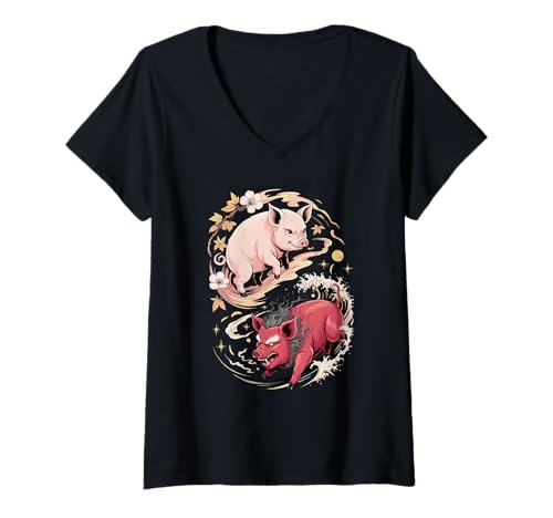 Damen Japanische Kunst Schwein Gut Und Teufel Schweine T-Shirt mit V-Ausschnitt von Pig Farmer Pigs Lover Gifts