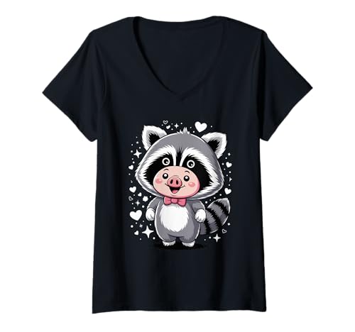 Damen Kawaii Schwein Waschbär Kostüm Schweine T-Shirt mit V-Ausschnitt von Pig Farmer Pigs Lover Gifts