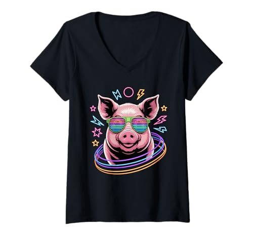 Damen Party Schwein Sonnenbrille Schweine T-Shirt mit V-Ausschnitt Damen Party Schwein Sonnenbrille Schweine T-Shirt mit V-Ausschnitt von Pig Farmer Pigs Lover Gifts