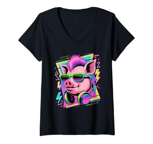 Damen Punk Ära Stil Schwein Sonnenbrille Schweine T-Shirt mit V-Ausschnitt von Pig Farmer Pigs Lover Gifts