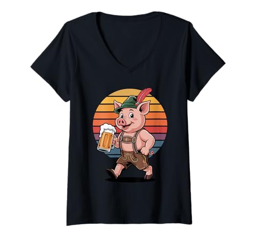 Damen Retro Schwein Bier Trinkend Schweine T-Shirt mit V-Ausschnitt von Pig Farmer Pigs Lover Gifts