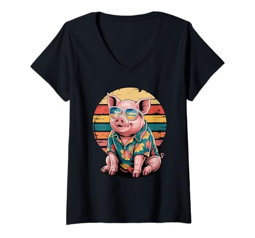 Damen Schwein Sonnenbrille Hawaii Strand Sommer Urlaub Schweine T-Shirt mit V-Ausschnitt von Pig Farmer Pigs Lover Gifts
