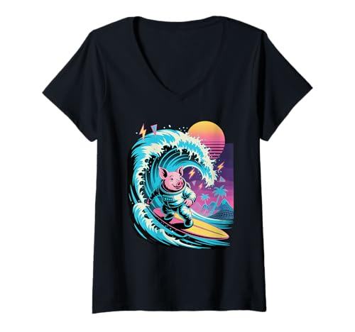 Damen Synthwave Surfer Schwein Astronaut Schweine T-Shirt mit V-Ausschnitt von Pig Farmer Pigs Lover Gifts