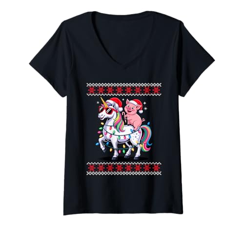 Damen Weihnachten Schwein Einhorn Sonnenbrille Schweine T-Shirt mit V-Ausschnitt Damen Weihnachten Schwein Einhorn Sonnenbrille Schweine T-Shirt mit V-Ausschnitt von Pig Farmer Pigs Lover Gifts