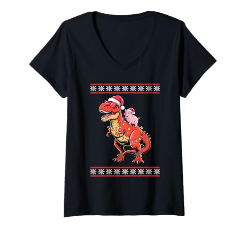 Damen Weihnachten Schwein T-Rex Dinosaurier Tyrannosaurus Schweine T-Shirt mit V-Ausschnitt von Pig Farmer Pigs Lover Gifts