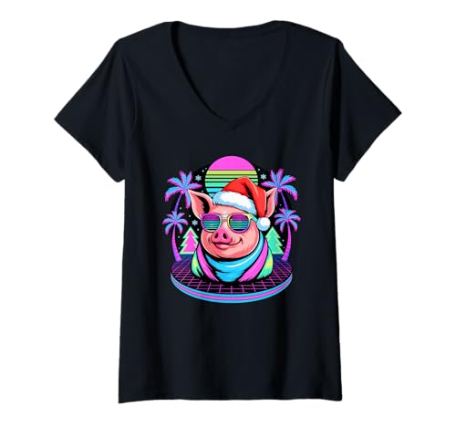 Damen Weihnachten Synthwave Schwein Sonnenbrille Schweine T-Shirt mit V-Ausschnitt Damen Weihnachten Synthwave Schwein Sonnenbrille Schweine T-Shirt mit V-Ausschnitt von Pig Farmer Pigs Lover Gifts