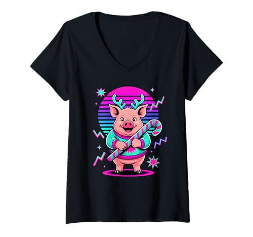 Damen Weihnachten Synthwave Schwein Zuckerstange Schweine T-Shirt mit V-Ausschnitt von Pig Farmer Pigs Lover Gifts