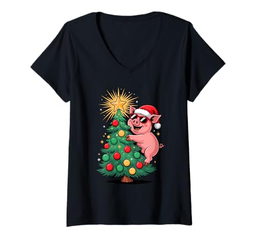 Damen Weihnachtsbaum Schwein Sonnenbrille Schweine T-Shirt mit V-Ausschnitt Damen Weihnachtsbaum Schwein Sonnenbrille Schweine T-Shirt mit V-Ausschnitt von Pig Farmer Pigs Lover Gifts