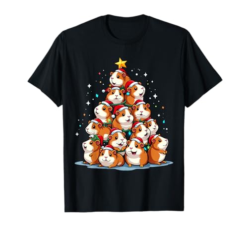 Piggy Weihnachtsbaum beleuchtet Weihnachtsmützen Meerschweinchen-Weihnachtsbaum-lustiger Unisex-Kinder T-Shirt Schwarz S Klassisch Cartoon Rundhals Pull-On 1 Count von Piggy Weihnachtsbaum beleuchtet Weihnachtsmützen