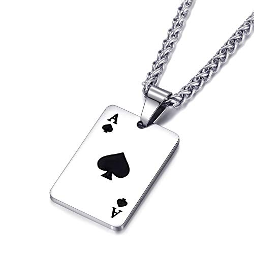 Ace Anhänger Halskette für Männer, Ace Spielkarte Halskette, Ace Poker Karte Halskette mit 22,44 "+1,97" Kette, Pik Ass Ass, Edelstahl Kette, Glücksspiel Casino Schmuck Geschenk (Schwarz) von PikaLF