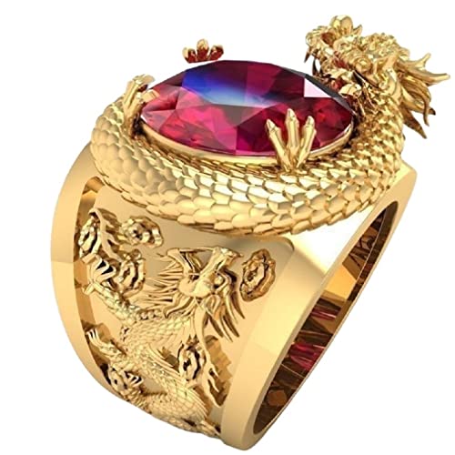 Drachenring für Männer, nordischer Wikinger-Drachenkopf-Ring, roter Kristalldrachenring, goldener Drachentotem-Amulett-Ring, Retro-herrschsüchtige Drachenringe, Punk-Tier-Drachen-Schmuck (18.1) von PikaLF