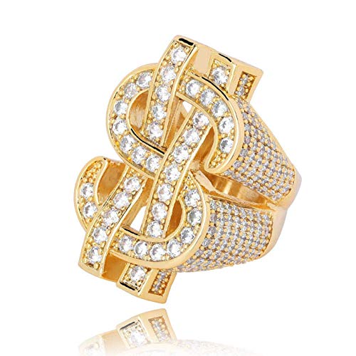 Kristall-Dollarzeichen-Ring für Männer,Iced Out Zirkonia US-Dollar-Ring, Hip-Hop-Dollar-Symbol-Ring, Punk Rock Ring für Rapper, Dollar Geld Amulett Ring, Dollar Andenken Schmuck Geschenk (19.8, Gold) von PikaLF