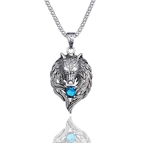 Nordische Wikinger Wolf Halskette für Männer, Zirkonia Wolf Kopf Anhänger Halskette mit 23,6 "Kette, Retro Wolf Totem Halskette, Wolf Siegel Amulett Halskette, Punk Tier Wolf Schmuck (Blau) von PikaLF