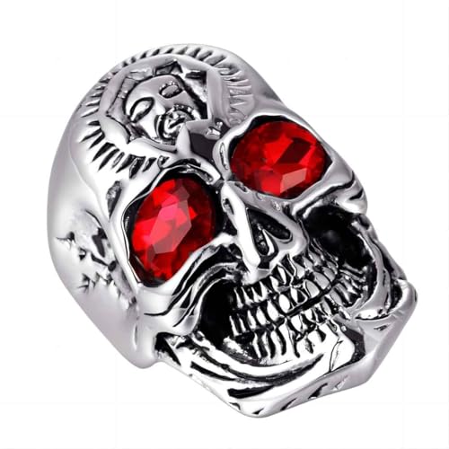 PikaLF Dämon-Schädel-Kopf-Ring für Männer, Rubin-Augen-Schädel-Ring, Vampir-Schädel-Ring, Gotischer roter Augenschädelring, Cooler Teufelsring Halloween Biker (20.6) von PikaLF
