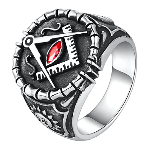 PikaLF Freimaurer Ring für Männer, Sonne Mond Freimaurer Ring, Roter Kristall Freimaurer Symbol Freimaurer Ringe, Hip Hop Biker Ring, Religiöser Amulett Ring, Punk Freimaurer Schmuck (20.6) von PikaLF