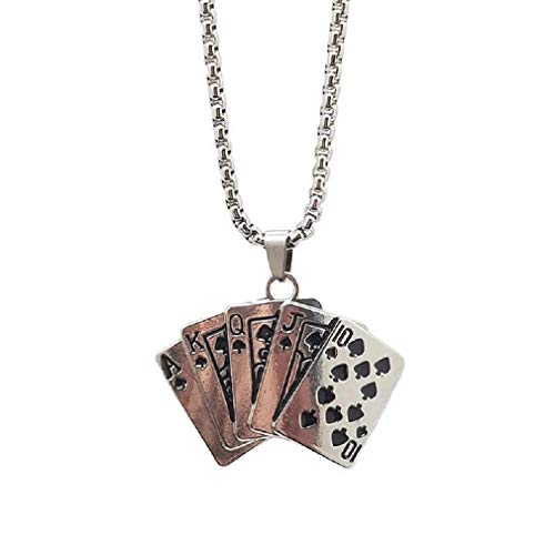 PikaLF Royal Flush Halskette für Männer, Flush Poker Karten Halskette, Spielkarten Anhänger Halskette mit 27,6 "Kette,Spaten Royal Flush Poker Glück Amulett Halskette Casino Glücksspiel Schmuck von PikaLF