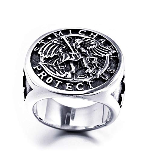 PikaLF St. Michael Ring für Männer, Vintage Kreuz Ring, Saint Michael der Erzengel besiegt Satan Figur Amulett Ring, Religiöser Ring, Punk Christian Faith Schmuck Geschenk für Männer Jungen (19.8) von PikaLF