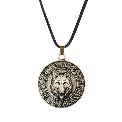 PikaLF Wolf Halskette für Männer, nordische Wikinger Wolf Kopf Anhänger Halskette mit 23,6 "Kette, Wikinger Runen Münze Wolf Amulett Halskette, Retro Wolf Totem Halskette (Gold) von PikaLF