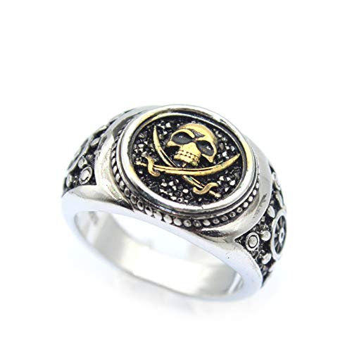 Schädelring für Männer, Vintage Pirate Crossed Swords Schädelkopfring, Punkrockschädel-Totemring, Gothic Pirate Skull Amulet Ring, Halloween Ring Biker, Wikingerschädelschmuck Geschenk (21.4, Gold) von PikaLF