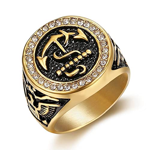 USN Ankerring für Herren, Goldener Ring des fliegenden Adlers, Seemanns-Ankerring aus weißem Kristallglas, Ring der United States Navy, Ring der US-Militärarmee, Punk Viking Schmuck (19.8) von PikaLF