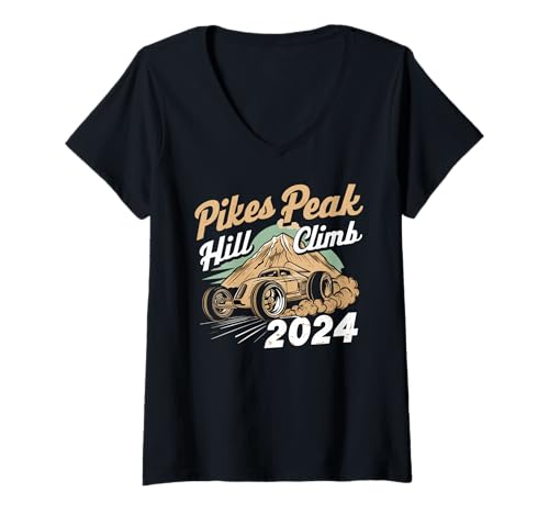 Damen Pikes Peak Hill Climb 2024 Lustiges Retro Colorado Autorennen T-Shirt mit V-Ausschnitt Damen Pikes Peak Hill Climb 2024 Lustiges Retro Colorado Autorennen T-Shirt mit V-Ausschnitt von Pikes Peak Hill Climb Funny Colorado Car Race Retr