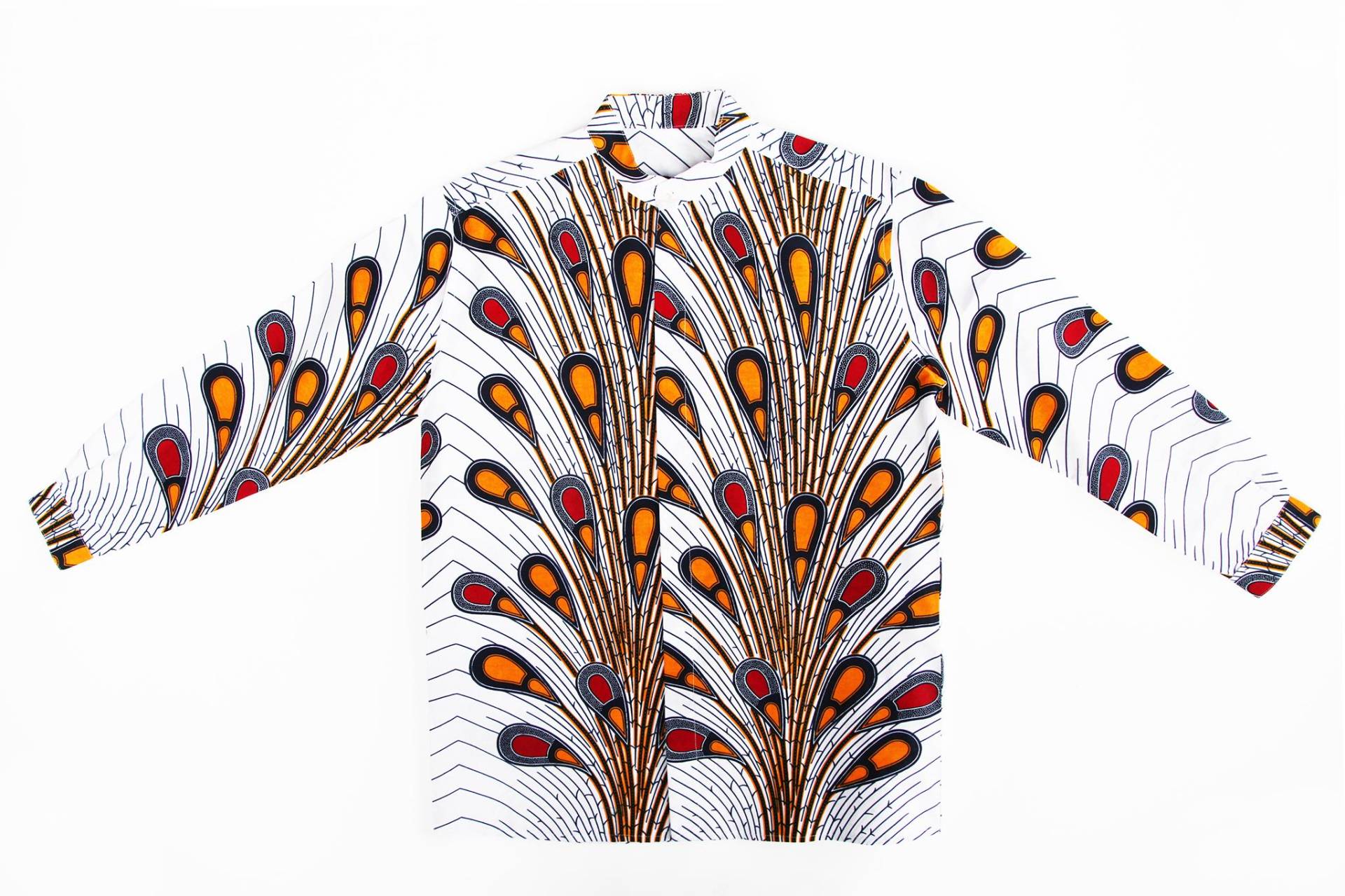 "Erwachsener Unisex Button Down Stehkragenhemd "Striking Peacock", Faire Löhne, Nachhaltige, Sozial Verantwortliche Mode, Designertextilien." von PikkuTakki