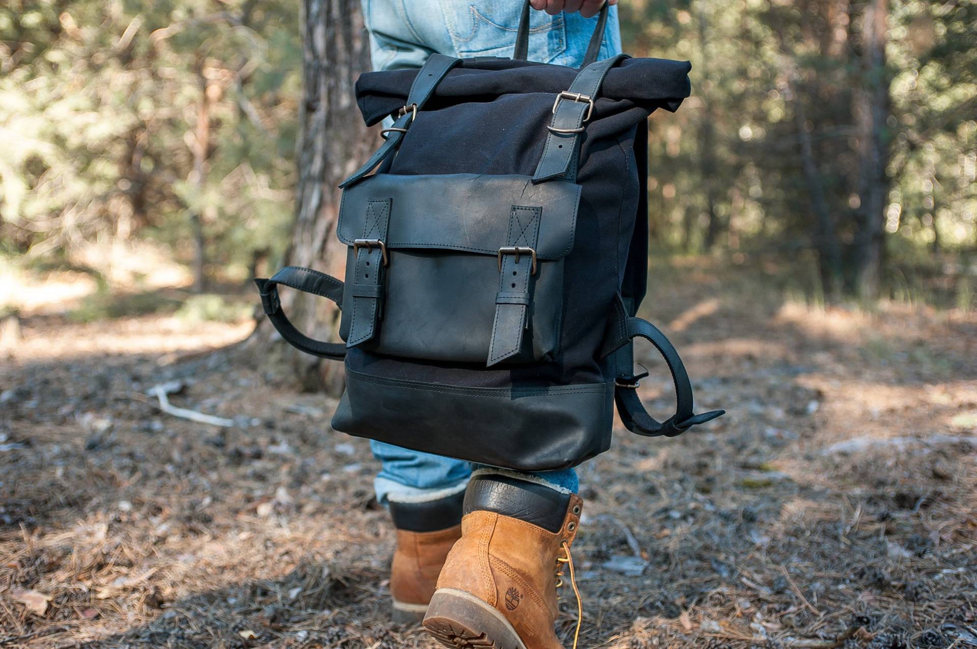 Canvas Rucksack Schwarz, Herren, Reiserucksack Für Männer, Wanderrucksack, Herrenrucksack Laptop, Arbeitsrucksack von Pikore