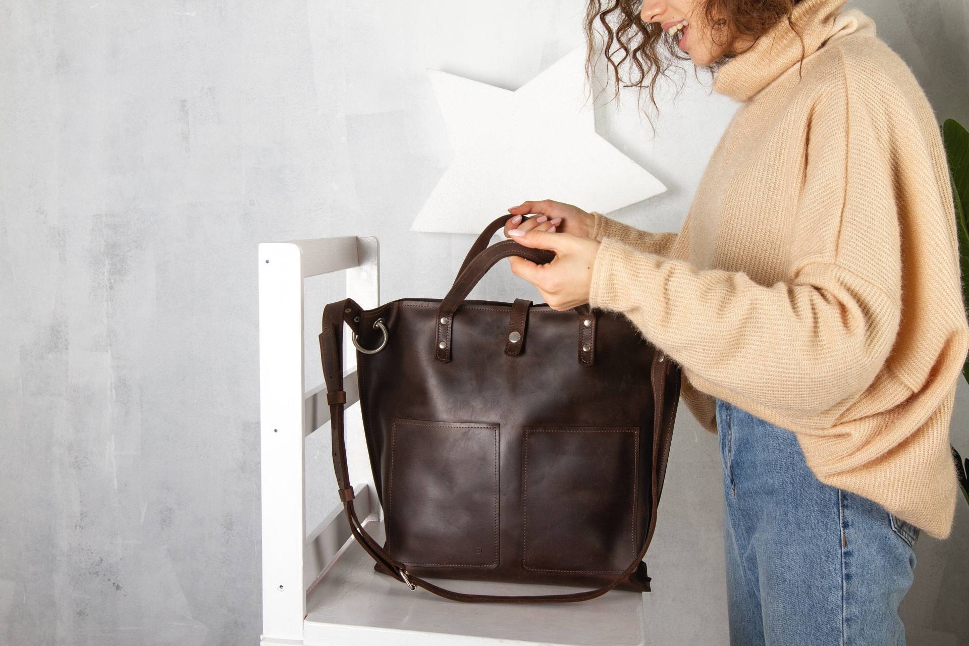 Leder Tasche Mit Taschen, Leder Umhängetasche, Leder Für Frauen, Große Reisetasche, Shopper von Pikore