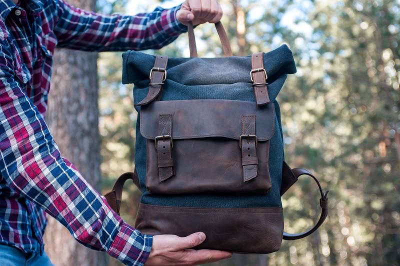 Rucksack Aus Canvas, Gewachster Herren Laptop Rucksack, Roll Top Individueller von Pikore