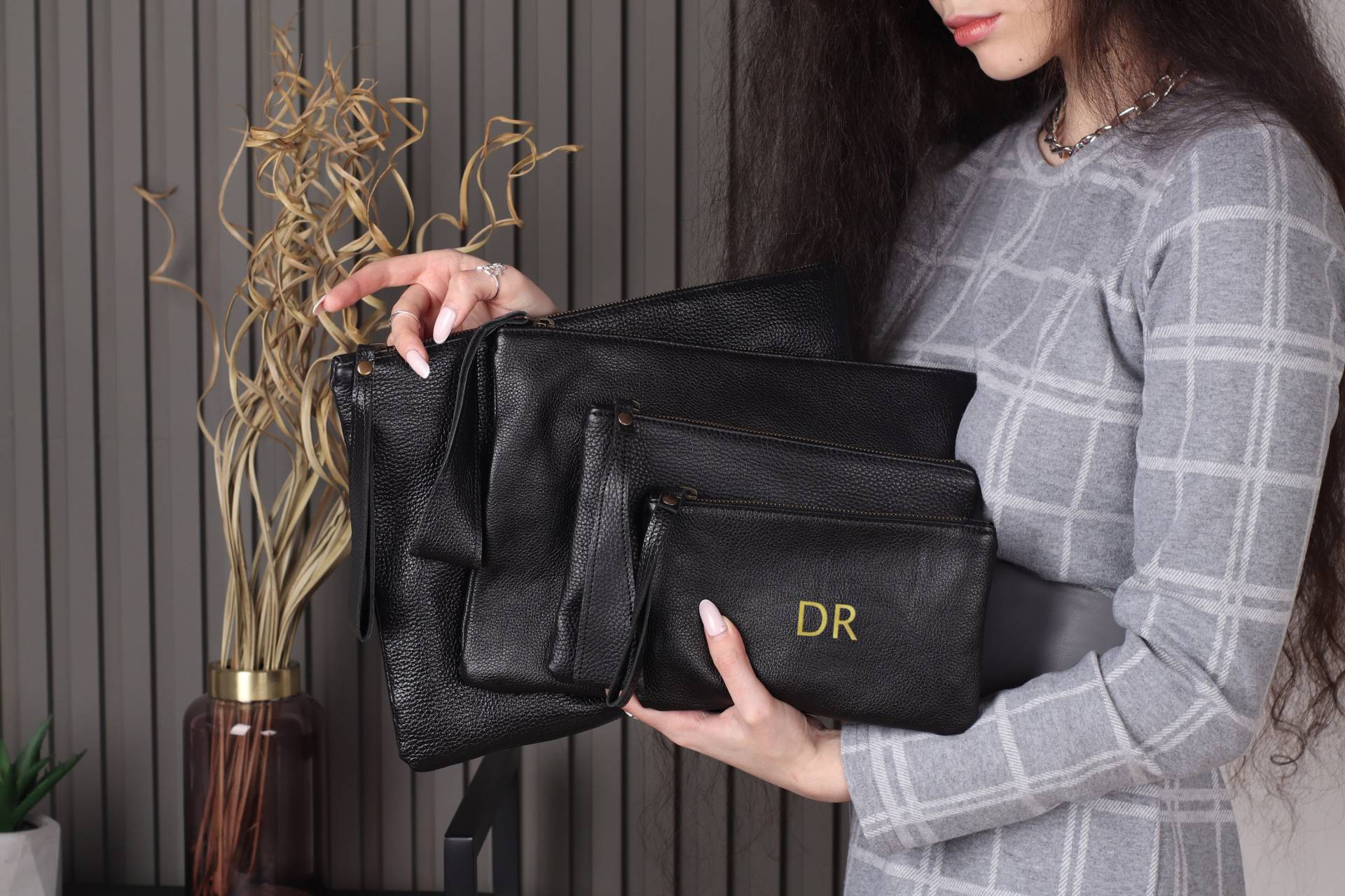 Schminktäschchen Aus Leder, Make-Up-Täschchen Leder Klein, Make-Up-Täschchen Personalisiert, Leder Clutch Schwarz, Clutch Geldbörse von Pikore