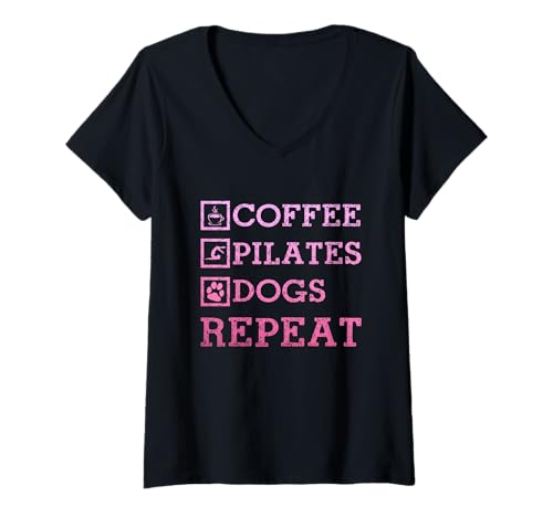 Damen Pilates Kaffee Hunde Lustig Yoga Pilates Lehrer Sport T-Shirt mit V-Ausschnitt von Pilates Apparel & Gifts
