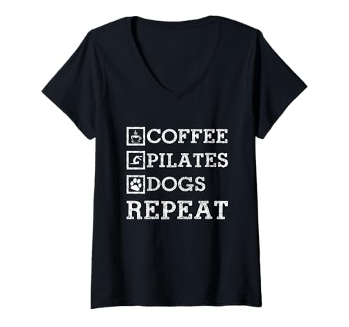 Damen Pilates-Kaffee-Hundeliebhaber, lustiger Yoga-/Pilates-Lehrer T-Shirt mit V-Ausschnitt Damen Pilates-Kaffee-Hundeliebhaber, lustiger Yoga-/Pilates-Lehrer T-Shirt mit V-Ausschnitt von Pilates Apparel & Gifts