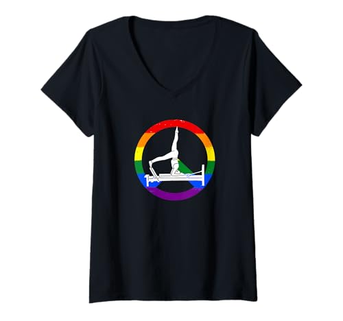 Damen Lustiges Reformer Pilates mit LGBT-Friedenszeichen T-Shirt mit V-Ausschnitt von Pilates Reformer peace support love hippie