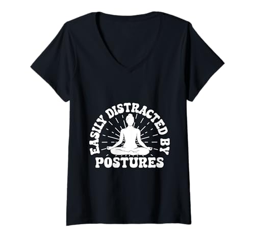 Damen Pilates Enthusiasten Easily Distracted by Postures Pilates T-Shirt mit V-Ausschnitt von Pilates Sprüche Designs Für Frauen Männer