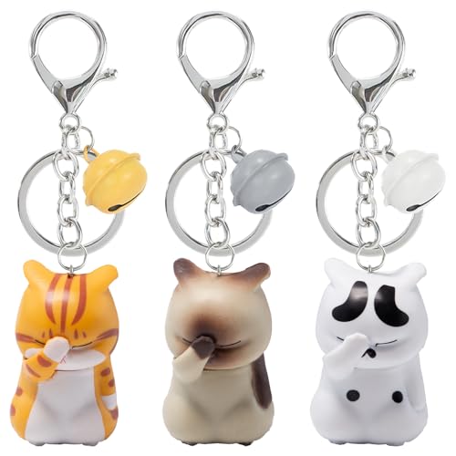 Pilikoll 3 Stück Cartoon Cat Schlüsselanhänger mit Glocke Gesicht Cover Katze Schlüsselanhänger Shy Chubby Kitten Keychain Katze Schlüsselanhängers für Schlüssel, Taschen, Geldbörsen, Autoschlüssel von Pilikoll