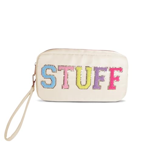 Patch Klare Make Up Tasche, Kosmetik Kulturtasche für Reisen,Täglichen Gebrauch, Buchstaben Kosmetiktasche,wasserdichte Glam Tasche Aus Polyester Mit Reißverschluss für Frauen Mädchen (Beige) von Pilipane