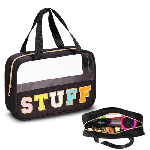 Große transparente Kosmetiktasche mit Reißverschluss, wasserdichte Reise-Kosmetiktasche für Damen in Schwarz, Flache Make-up-Tasche durchsichtig mit Chenille-Buchstaben, ideal für Strand & Camping von Pilipane