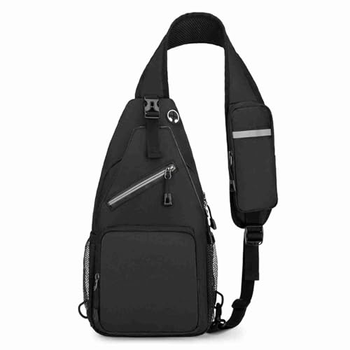 Slings Bag Crossbody Bags Fanny Packs für Männer Frauen langlebige hohe Dichte Oxford Stoff großer Kapazität Reise Wandertack mit reflektierendem Streifen Kopfhörer Loch (Schwarz) von Pilipane