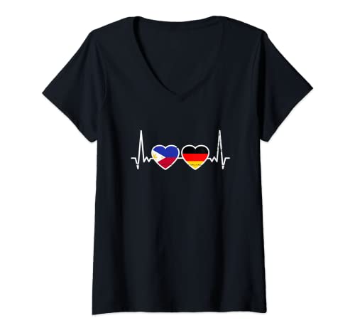 Damen Philippinen Deutschland Herzschlag Flagge Deutsch Filipino T-Shirt mit V-Ausschnitt Damen Philippinen Deutschland Herzschlag Flagge Deutsch Filipino T-Shirt mit V-Ausschnitt von Pilipinas Philippinisch Stolz Philippinen Geschenk