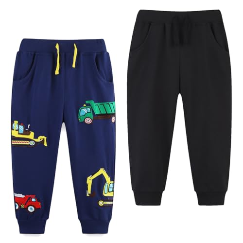 Pilipulu 2er Pack Jungen Bottoms Jogginghose Elastischem Bund Sweathose Baumwolle Dinosaurier Kinder Sporthose Jogger Hose 104 Schwarze+Autos von Pilipulu